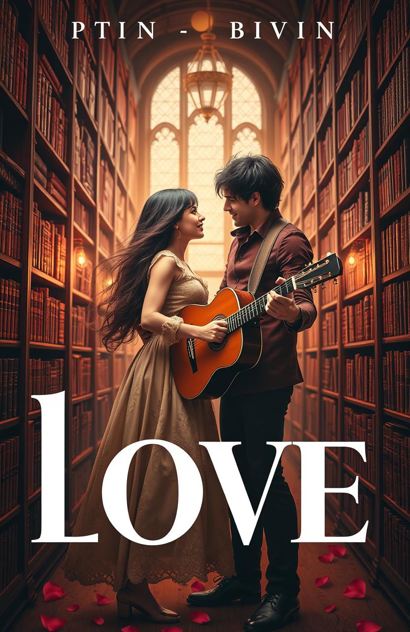 A romantic book cover design featuring a couple intimately engaged within the cozy atmosphere of a grand library