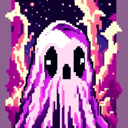 Pixel art profile picture of a scary ghost against a cosmic background.