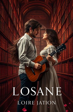 A romantic book cover design featuring a couple intimately engaged within the cozy atmosphere of a grand library