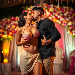 A sensual scene set at a vibrant wedding, featuring Nushrat Bharucha wearing a low waist chiffon short skirt