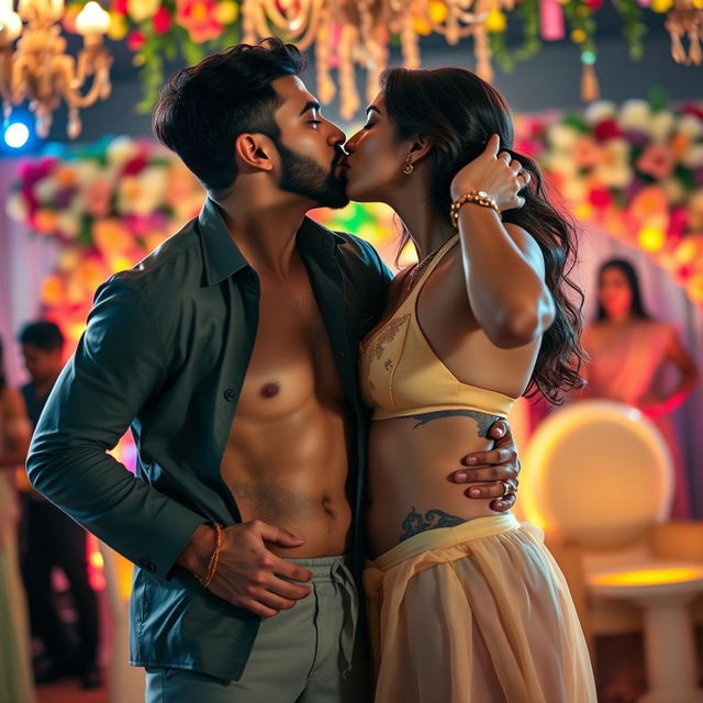 A sensual scene set at a vibrant wedding, featuring Nushrat Bharucha wearing a low waist chiffon short skirt