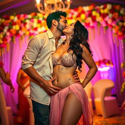 A sensual scene set at a vibrant wedding, featuring Nushrat Bharucha wearing a low waist chiffon short skirt