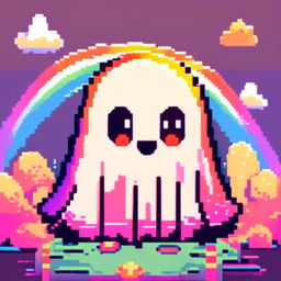 Pixel art profile picture of an adorable ghost against a vibrant rainbow background.