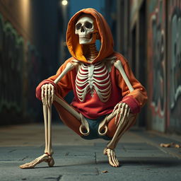 A realistic depiction of a skeleton squatting in a gangsta pose, wearing a stylish hoodie with a rib cage embossed design on the front