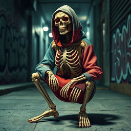 A realistic depiction of a skeleton squatting in a gangsta pose, wearing a stylish hoodie with a rib cage embossed design on the front