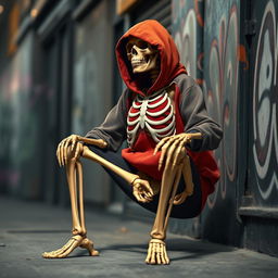A realistic depiction of a skeleton squatting in a gangsta pose, wearing a stylish hoodie with a rib cage embossed design on the front