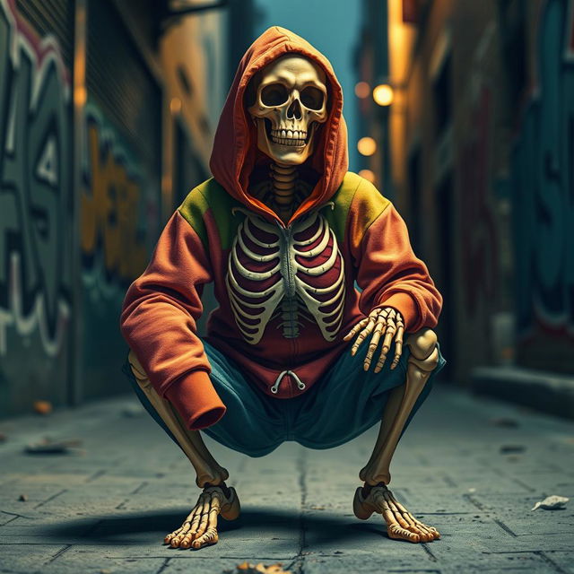 A realistic depiction of a skeleton squatting in a gangsta pose, wearing a stylish hoodie with a rib cage embossed design on the front