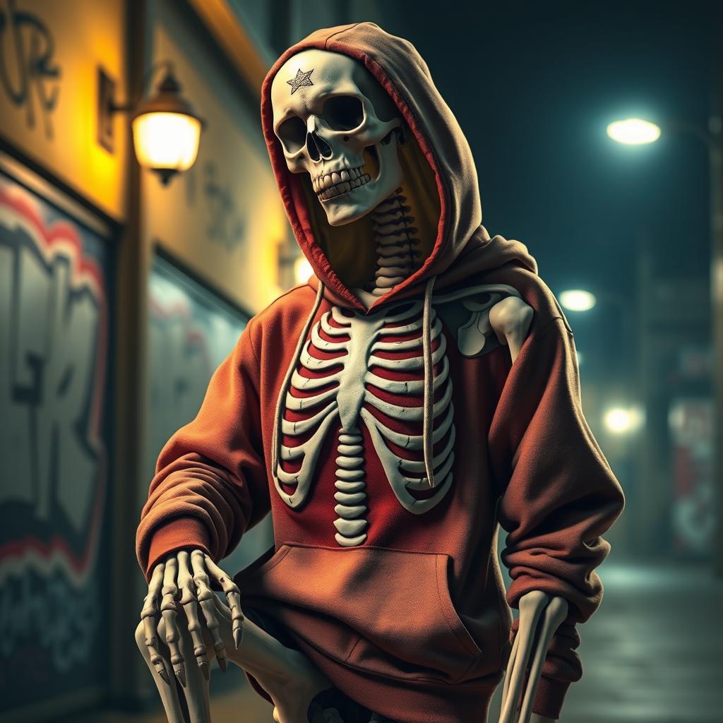 A realistic depiction of a skeleton posing like a gangsta, wearing a stylish hoodie with a rib cage embossed design on the front