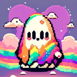 Pixel art profile picture of an adorable ghost against a vibrant rainbow background.