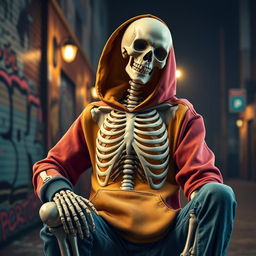 A realistic depiction of a skeleton posing like a gangsta, wearing a stylish hoodie with a rib cage embossed design on the front