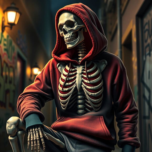 A realistic depiction of a skeleton posing like a gangsta, wearing a stylish hoodie with a rib cage embossed design on the front