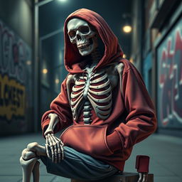 A realistic depiction of a skeleton posing like a gangsta, wearing a stylish hoodie with a rib cage embossed design on the front
