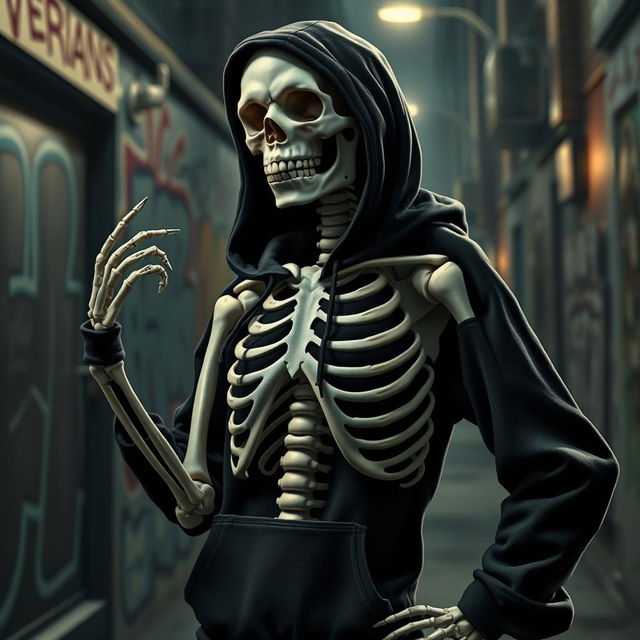 A realistic depiction of a skeleton posing like a gangsta, wearing a black hoodie with a rib cage embossed design on the front