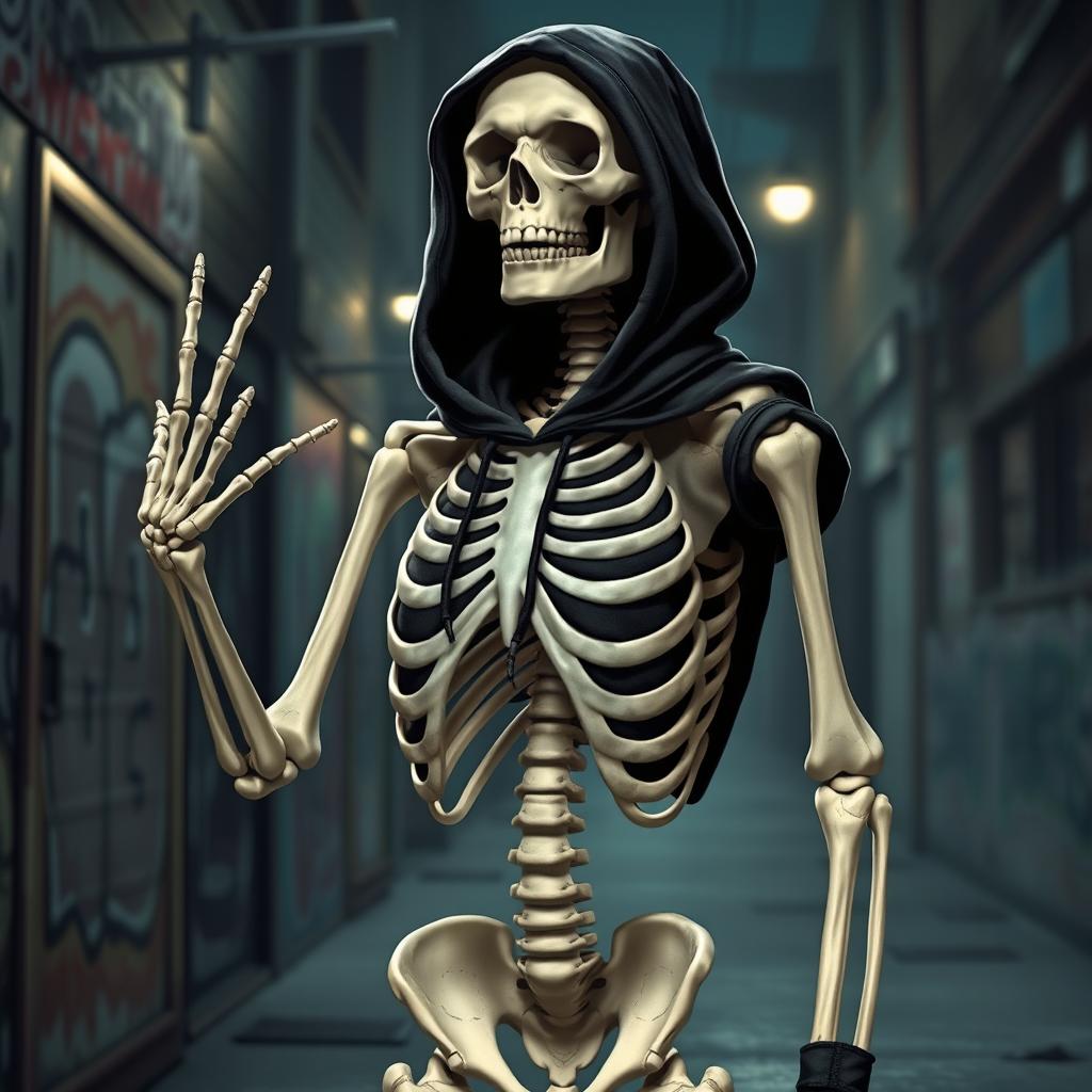 A realistic depiction of a skeleton posing like a gangsta, wearing a black hoodie with a rib cage embossed design on the front