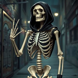 A realistic depiction of a skeleton posing like a gangsta, wearing a black hoodie with a rib cage embossed design on the front