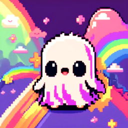 Pixel art profile picture of an adorable ghost against a vibrant rainbow background.