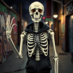 A realistic depiction of a skeleton posing like a gangsta, wearing a black hoodie with a rib cage embossed design on the front