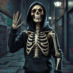 A realistic depiction of a skeleton posing like a gangsta, wearing a black hoodie with a rib cage embossed design on the front