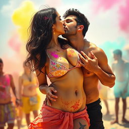 A sensual scene capturing Nushrat Bharucha at a colorful Holi party on a beach, wearing a low waist chiffon short skirt