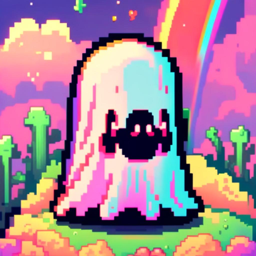 Pixel art profile picture of an adorable ghost against a vibrant rainbow background.