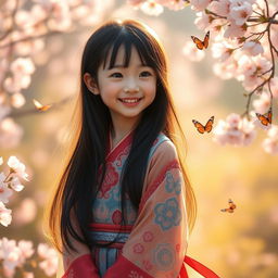 A beautiful young Asian girl with long, flowing black hair, wearing a colorful traditional dress that features intricate patterns and designs