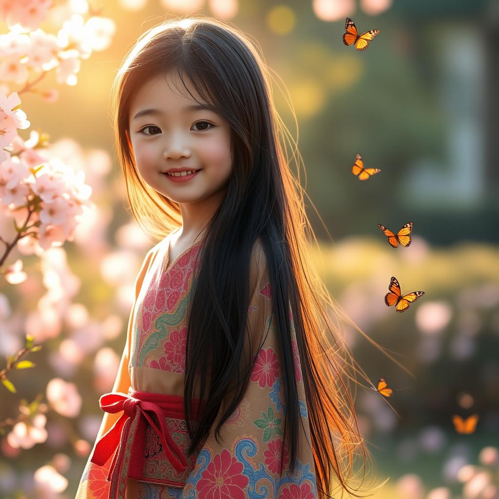 A beautiful young Asian girl with long, flowing black hair, wearing a colorful traditional dress that features intricate patterns and designs