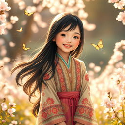 A beautiful young Asian girl with long, flowing black hair, wearing a colorful traditional dress that features intricate patterns and designs
