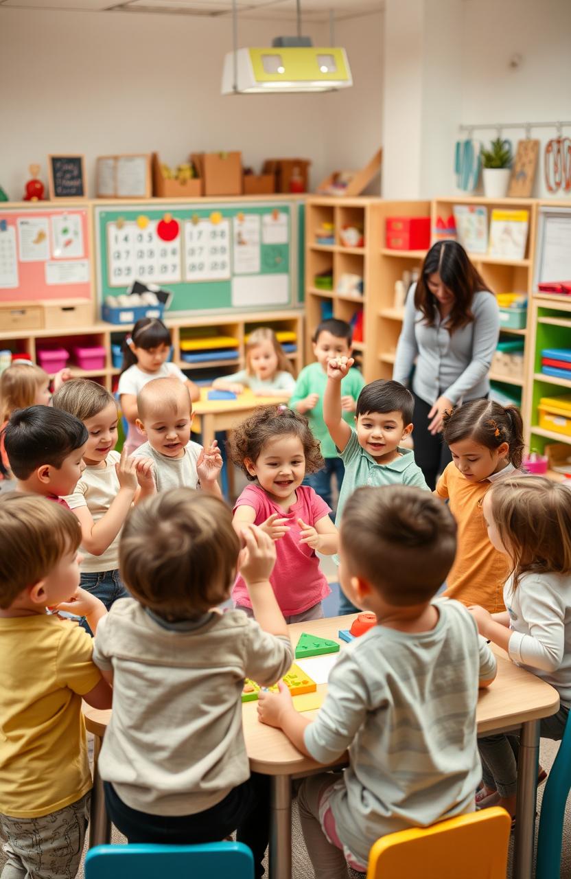 Dinamic and engaging classroom scene showcasing young children actively participating in a kinesthetic learning environment