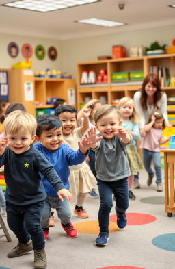 Dinamic and engaging classroom scene showcasing young children actively participating in a kinesthetic learning environment