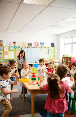 Dinamic and engaging classroom scene showcasing young children actively participating in a kinesthetic learning environment