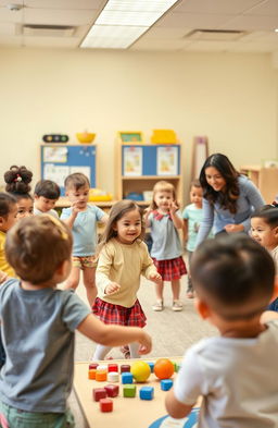 Dinamic and engaging classroom scene showcasing young children actively participating in a kinesthetic learning environment