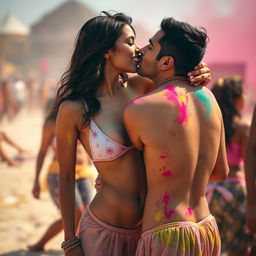 A sensual scene capturing Nushrat Bharucha at a vibrant Holi party on a beach, wearing a low waist chiffon short skirt