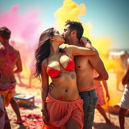 A sensual scene capturing Nushrat Bharucha at a vibrant Holi party on a beach, wearing a low waist chiffon short skirt