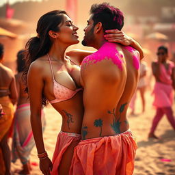 A sensual scene capturing Nushrat Bharucha at a vibrant Holi party on a beach, wearing a low waist chiffon short skirt