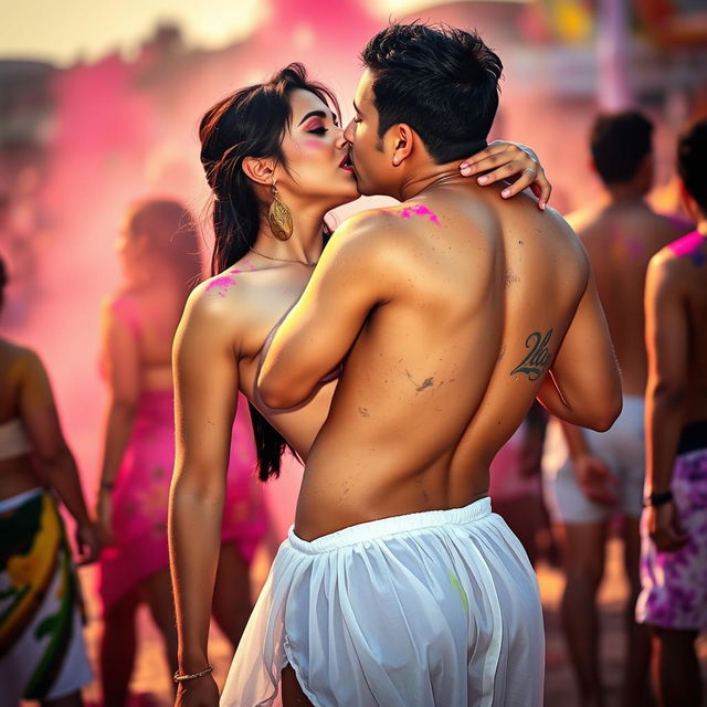 A sensual scene capturing Nushrat Bharucha at a vibrant Holi party on a beach, wearing a low waist chiffon short skirt