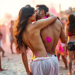 A sensual scene featuring Nushrat Bharucha at a lively Holi party on a beach, dressed in a low waist chiffon short skirt