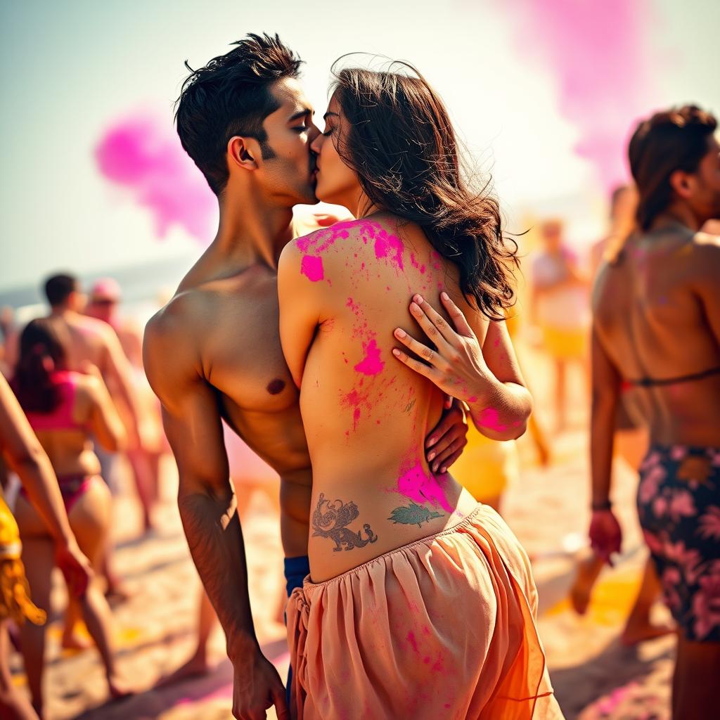 A sensual scene featuring Nushrat Bharucha at a lively Holi party on a beach, dressed in a low waist chiffon short skirt