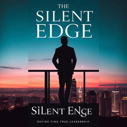 An elegant and visually striking book cover for 'The Silent Edge', featuring a silhouette of a contemplative figure standing on a high balcony overlooking a cityscape at dusk