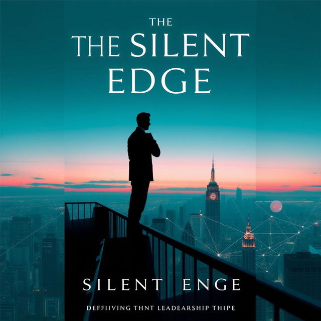 An elegant and visually striking book cover for 'The Silent Edge', featuring a silhouette of a contemplative figure standing on a high balcony overlooking a cityscape at dusk