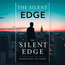 An elegant and visually striking book cover for 'The Silent Edge', featuring a silhouette of a contemplative figure standing on a high balcony overlooking a cityscape at dusk