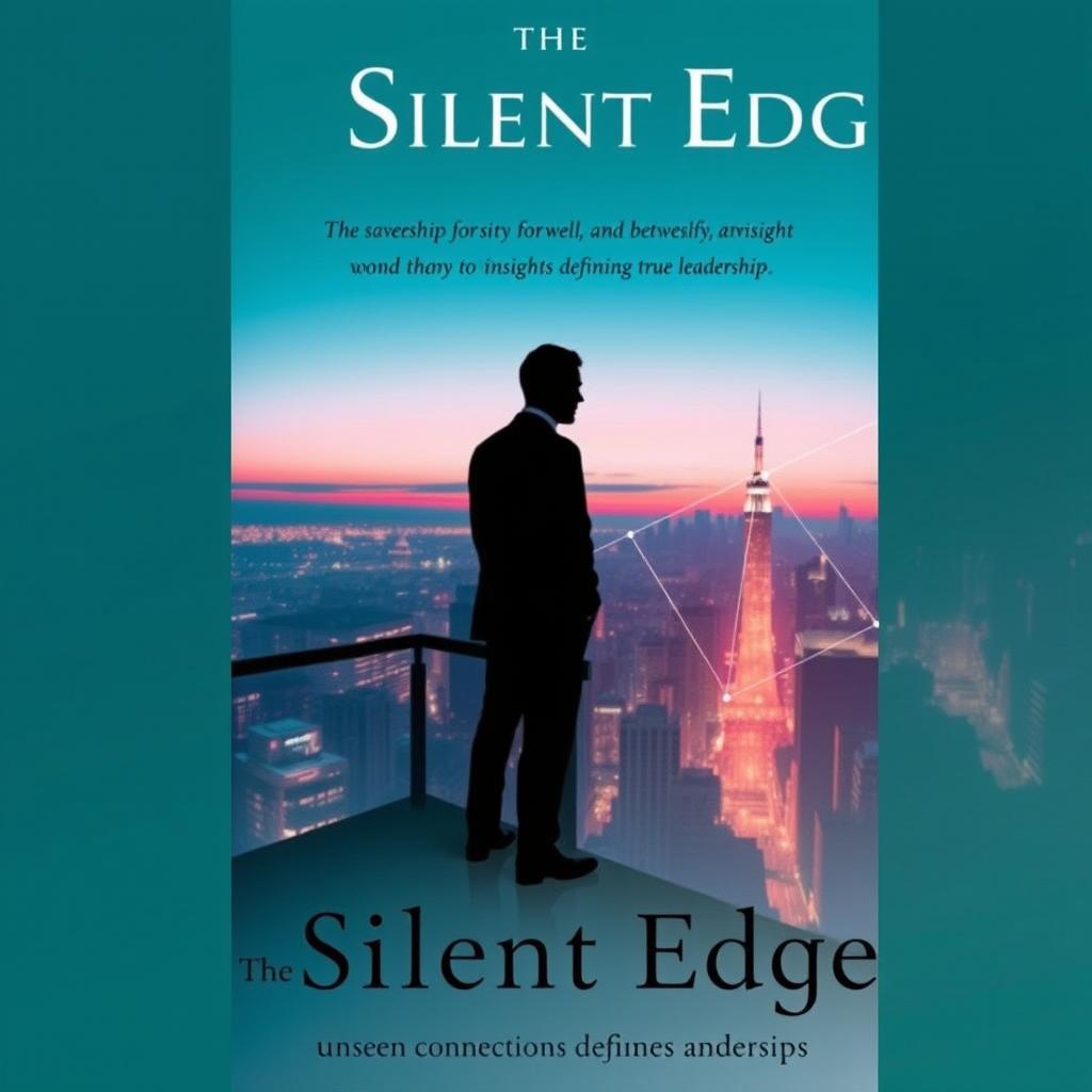 An elegant and visually striking book cover for 'The Silent Edge', featuring a silhouette of a contemplative figure standing on a high balcony overlooking a cityscape at dusk