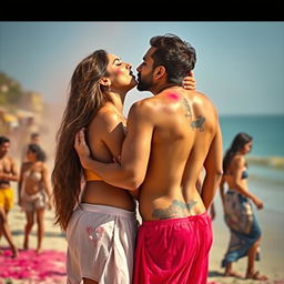 A sensual scene featuring Nushrat Bharucha at a vibrant Holi party on a picturesque beach, dressed in a low waist chiffon short skirt