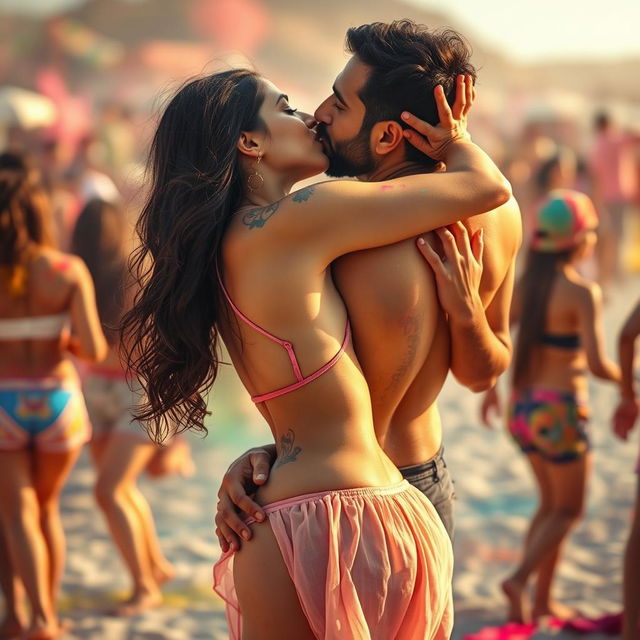 A sensual scene featuring Nushrat Bharucha at a vibrant Holi party on a picturesque beach, dressed in a low waist chiffon short skirt