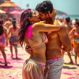 A sensual scene featuring Nushrat Bharucha at a vibrant Holi party on a picturesque beach, dressed in a low waist chiffon short skirt