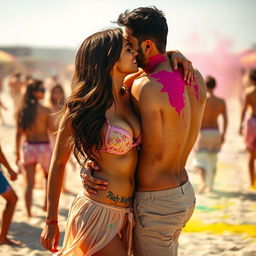 A sensual scene featuring Nushrat Bharucha at a vibrant Holi party on a picturesque beach, dressed in a low waist chiffon short skirt