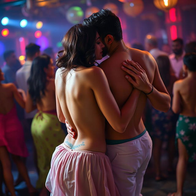 A sensual scene featuring Nushrat Bharucha at a lively bachata dance party, dressed in a low waist chiffon short skirt