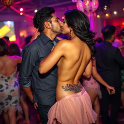 A sensual scene featuring Nushrat Bharucha at a lively bachata dance party, dressed in a low waist chiffon short skirt