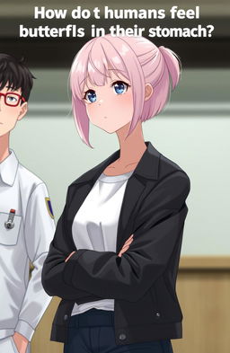 A girl with light pink hair, wearing a white t-shirt and a black leather jacket, standing with her arms crossed, deep in thought