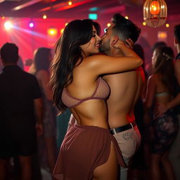 A sensual scene featuring Nushrat Bharucha at a bachata house party, wearing a low waist chiffon short skirt