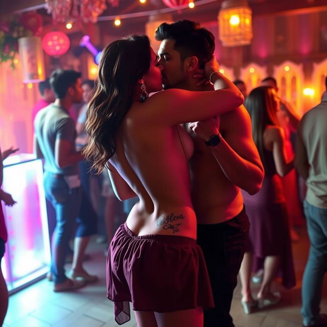 A sensual scene featuring Nushrat Bharucha at a bachata house party, wearing a low waist chiffon short skirt